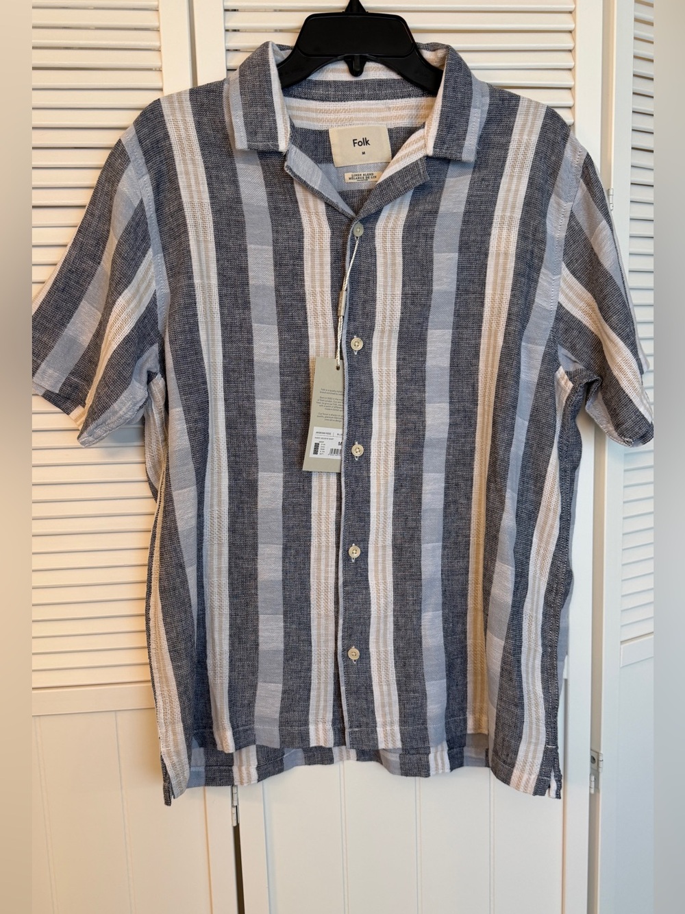 Men’s Folk Blue Stripe Button-up, Linen Blend, NWT